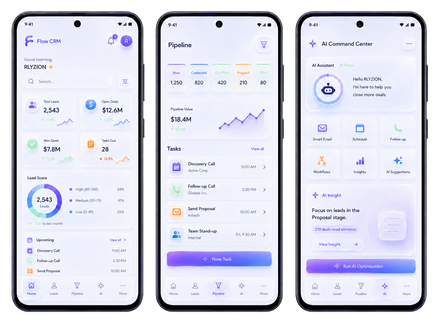 Flow CRM dashboard, pipeline, and AI command center on three mobile screens