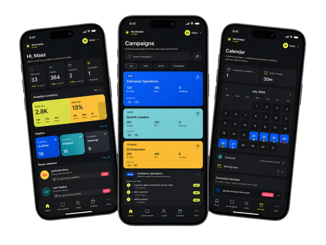Northstar home, campaigns, and calendar on three phones