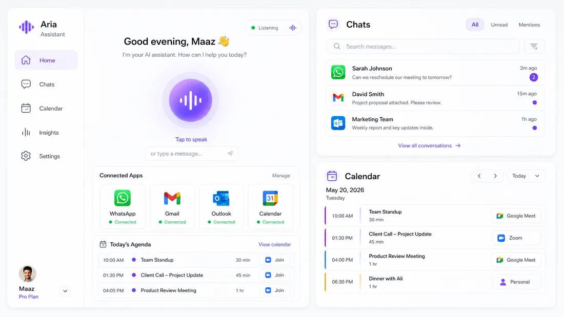 The same Aria Assistant workspace in light mode